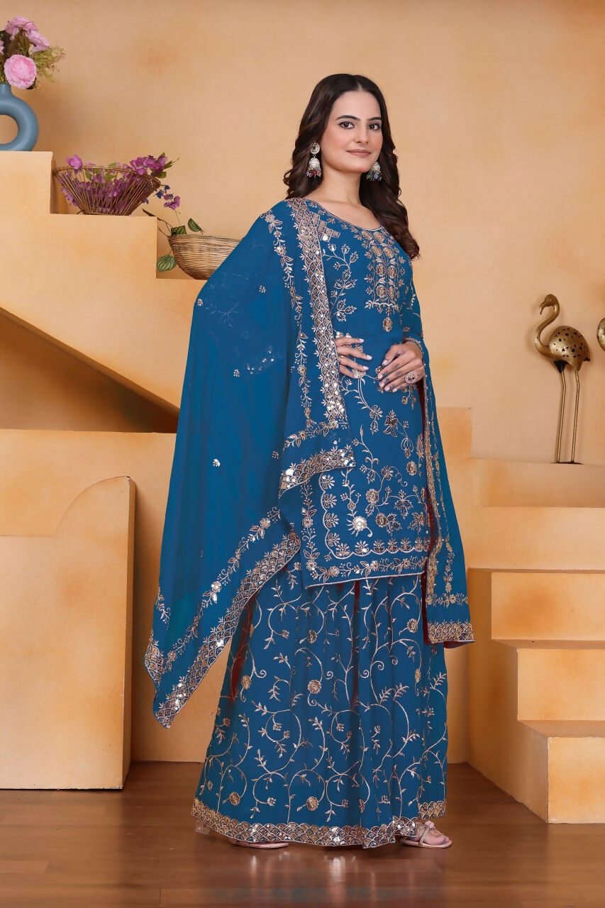 Teeya Creation Blue Color Faux Georgette Embroidery Work Wedding Wear Palazzo Set - Distacart