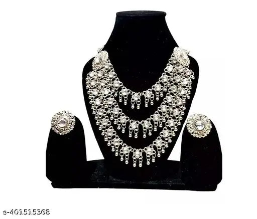 Tehzeeb Creations Women's Silver Colour Oxidised Necklace Set With Mirror Work