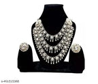 Tehzeeb Creations Women's Silver Colour Oxidised Necklace Set With Mirror Work