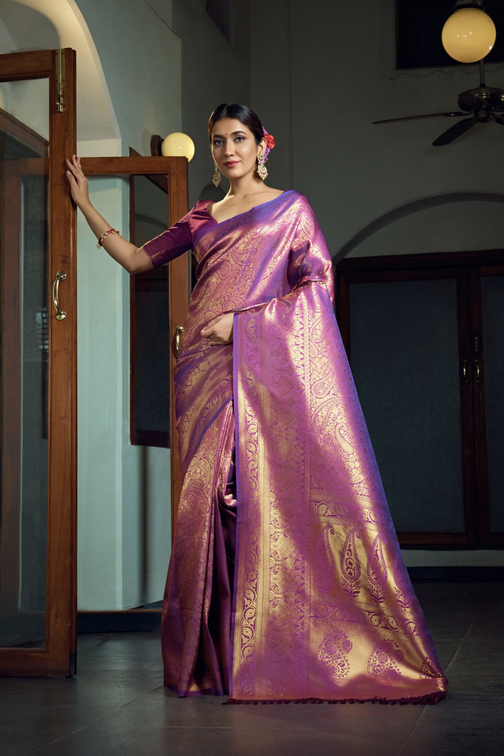 Vardha Electric Purple Zari Work Kanjeevaram Silk Saree