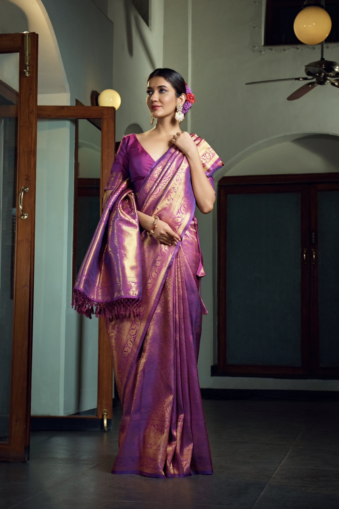 Vardha Electric Purple Zari Work Kanjeevaram Silk Saree