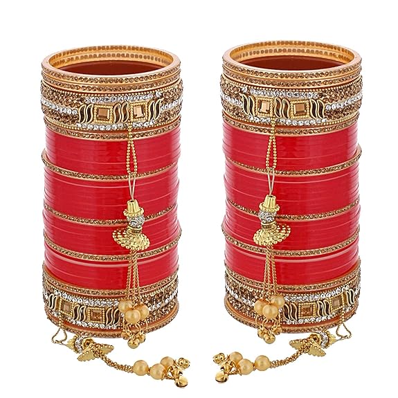 Tehzeeb Creations Bridal Bangle Set Wedding Punjabi chuda Designer chura CZ Stone Red Color choora Set for Women - Distacart