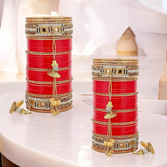 Tehzeeb Creations Bridal Bangle Set Wedding Punjabi chuda Designer chura CZ Stone Red Color choora Set for Women - Distacart