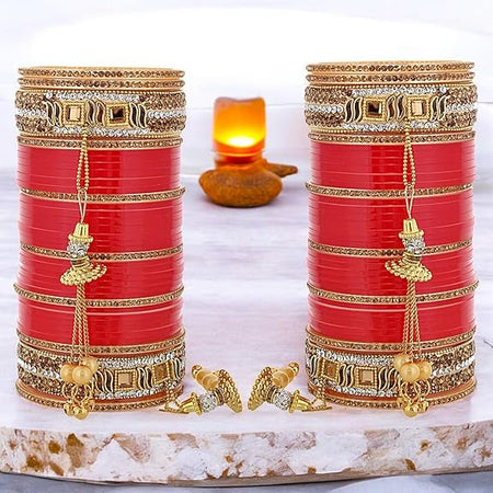 Tehzeeb Creations Bridal Bangle Set Wedding Punjabi chuda Designer chura CZ Stone Red Color choora Set for Women