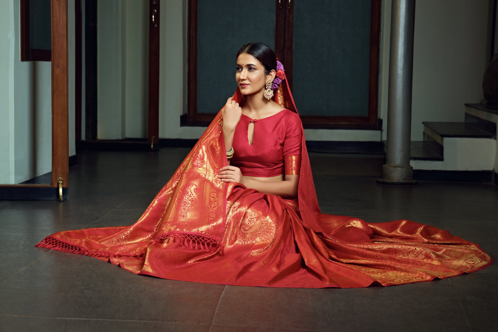 Vardha Scarlet Red Zari Work Kanjeevaram Silk Saree