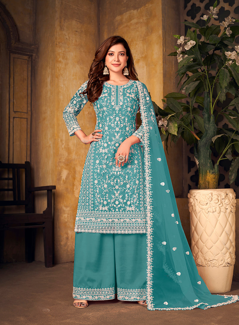 Monjolika Fashion Sky Blue Color Net Embroidered Salwar Kameez - Distacart