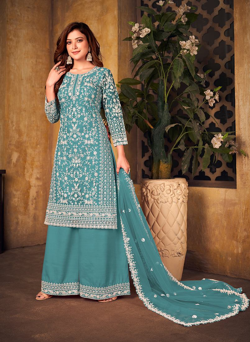 Monjolika Fashion Sky Blue Color Net Embroidered Salwar Kameez - Distacart