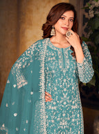 Monjolika Fashion Sky Blue Color Net Embroidered Salwar Kameez - Distacart