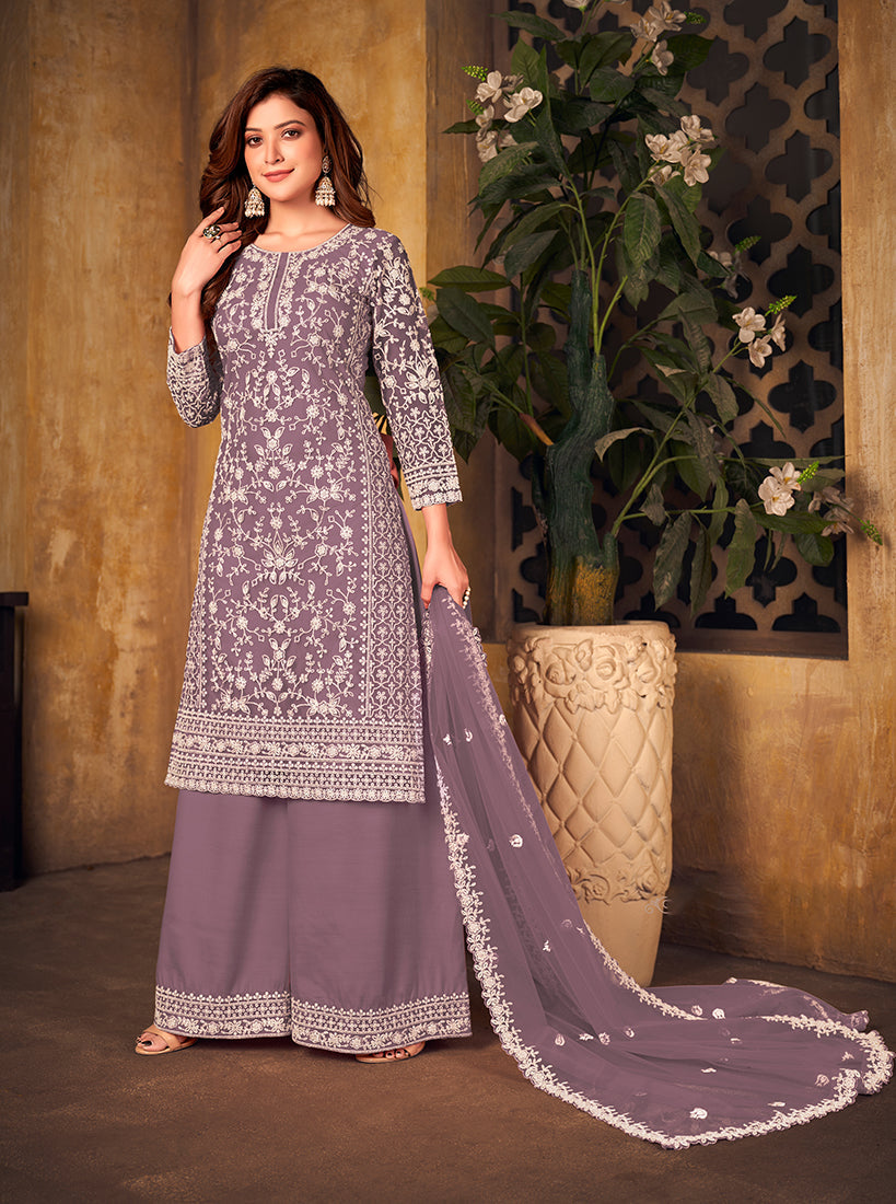 Monjolika Fashion Lavender Color Net Embroidered Salwar Kameez - Distacart