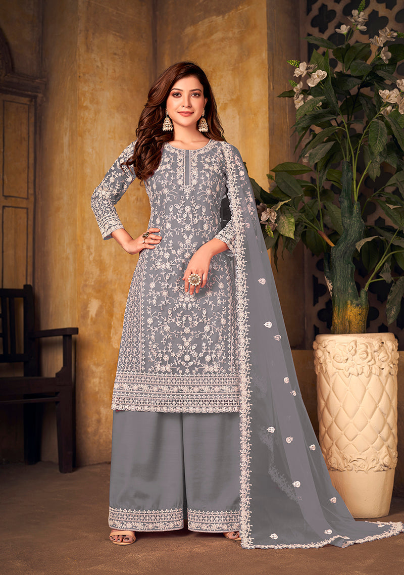 Monjolika Fashion Grey Color Net Embroidered Salwar Kameez - Distacart