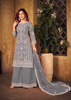 Monjolika Fashion Grey Color Net Embroidered Salwar Kameez - Distacart