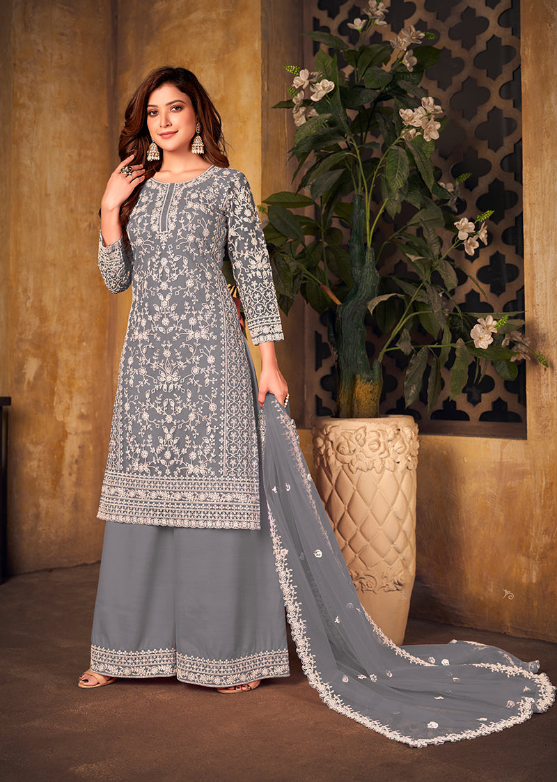 Monjolika Fashion Grey Color Net Embroidered Salwar Kameez - Distacart