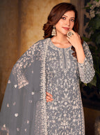 Monjolika Fashion Grey Color Net Embroidered Salwar Kameez - Distacart