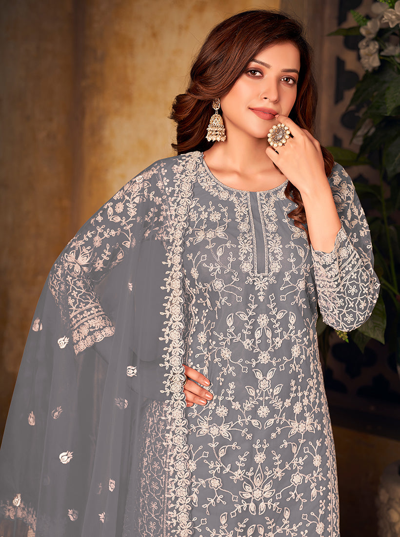 Monjolika Fashion Grey Color Net Embroidered Salwar Kameez - Distacart