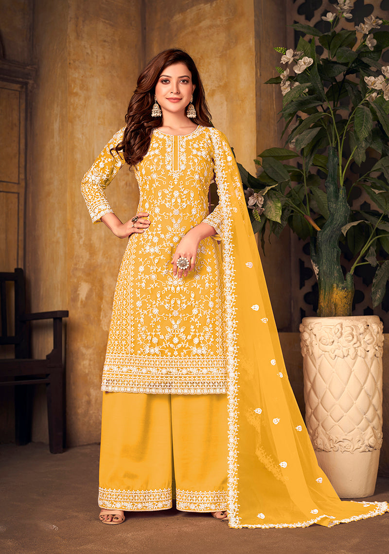 Monjolika Fashion Yellow Color Net Embroidered Salwar Kameez - Distacart