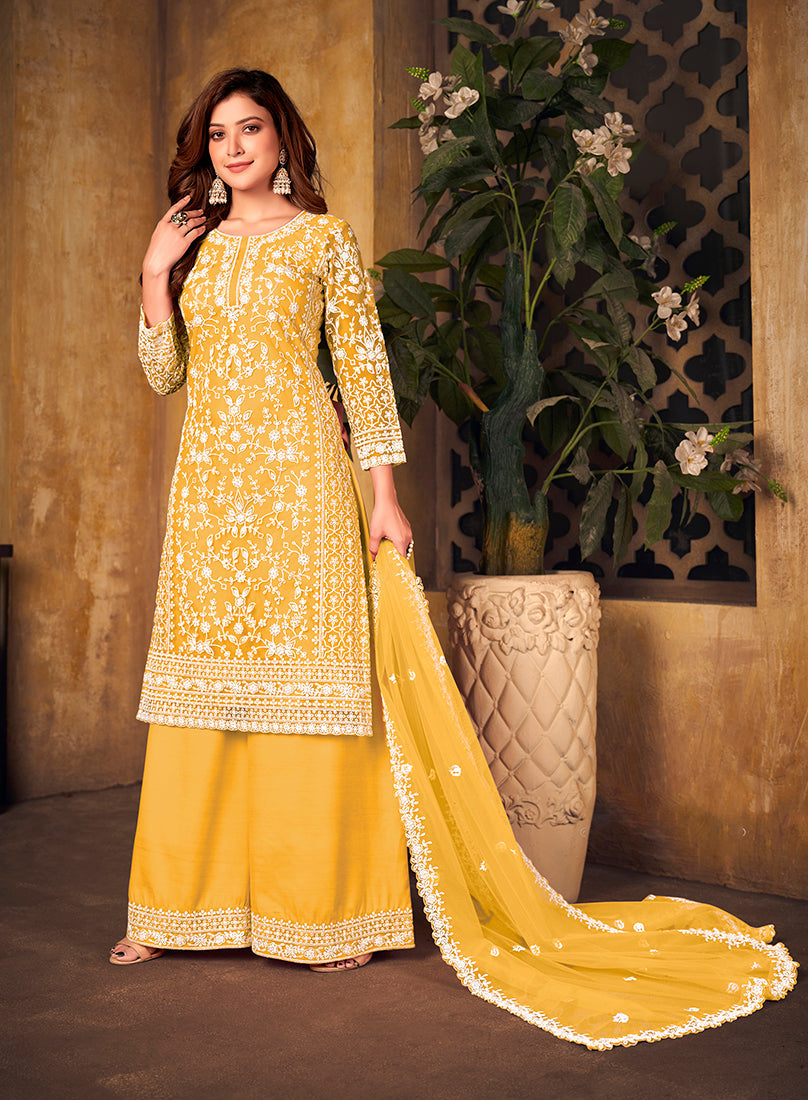 Monjolika Fashion Yellow Color Net Embroidered Salwar Kameez - Distacart