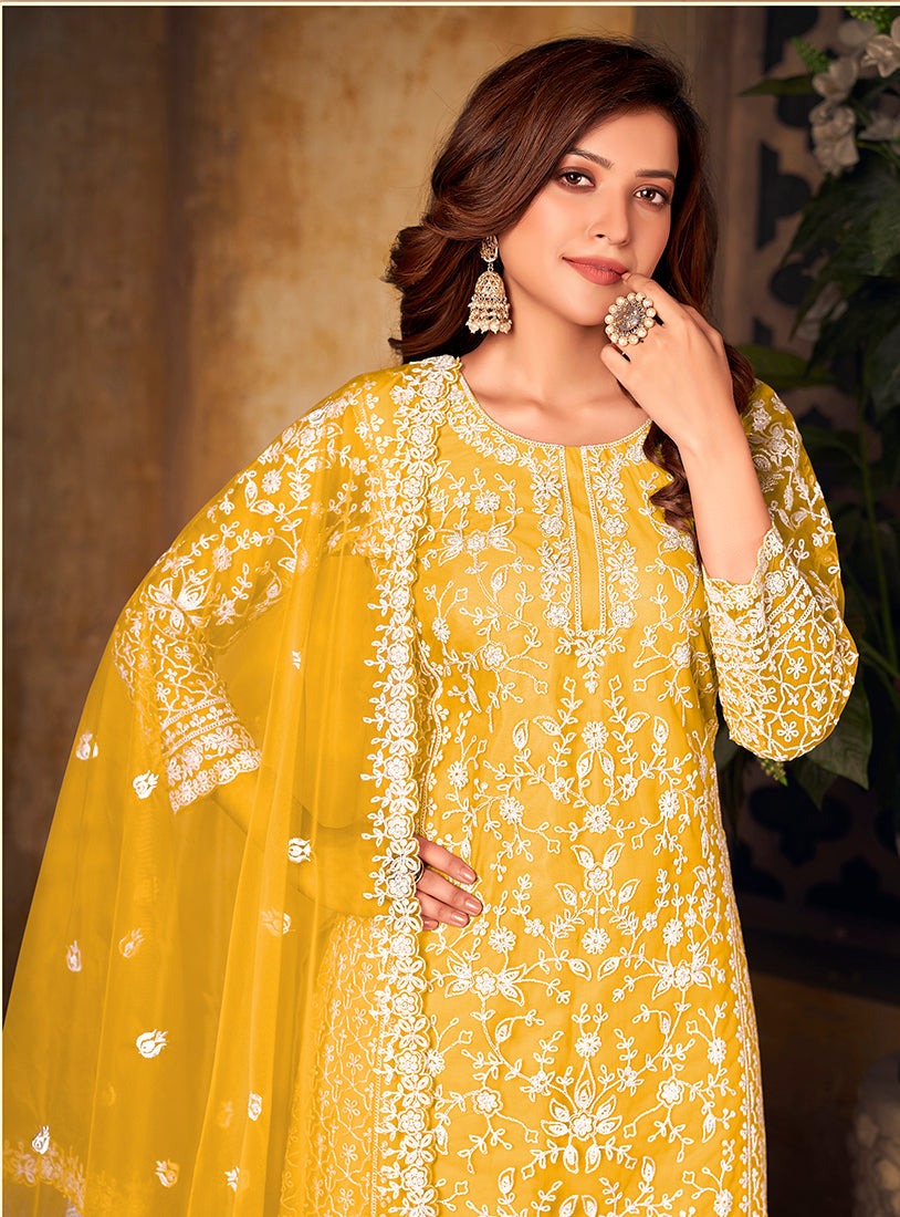 Monjolika Fashion Yellow Color Net Embroidered Salwar Kameez - Distacart