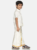Sethukrishna Boys Cream-Coloured Solid Shirt with Veshti Set