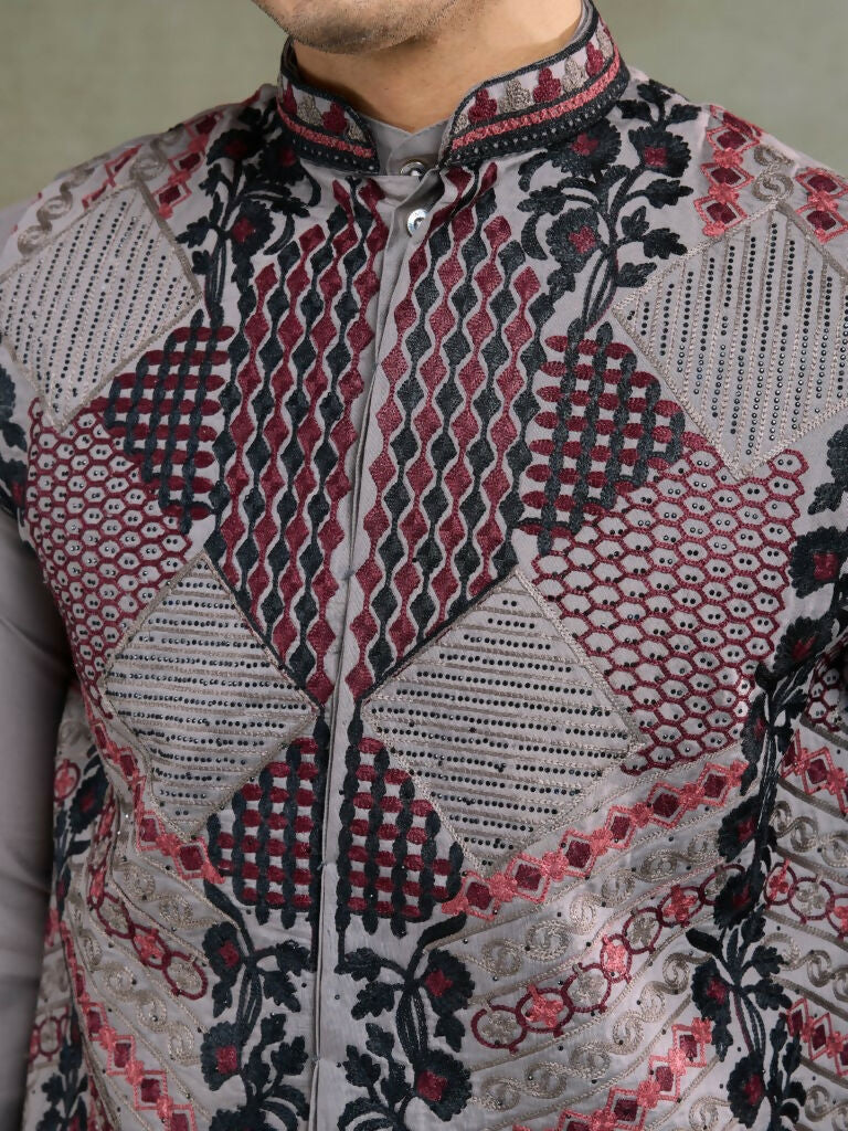 Vastranavya Grey Exclusive Festival Viscose Silk Thread & Swarovski Embroidered Work Mens Wear Kurta & Koti