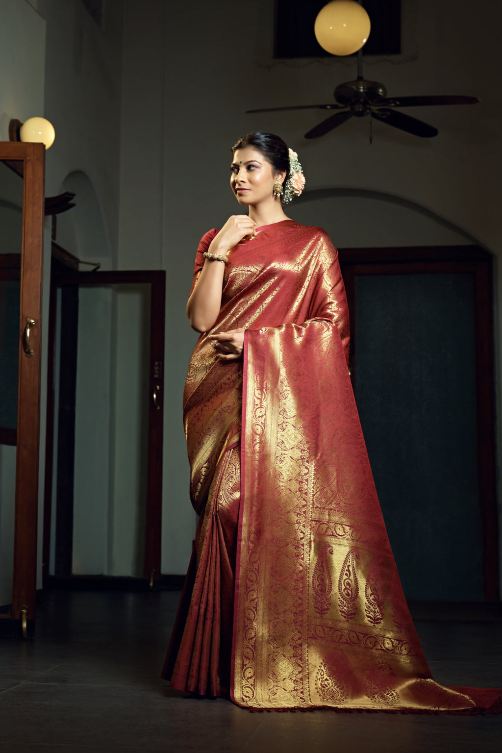 Vardha Burgundy Maroon Zari Work Kanjeevaram Silk Saree