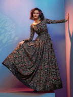 Myra Black Natural Crepe Printed Embroidered Gown - Distacart