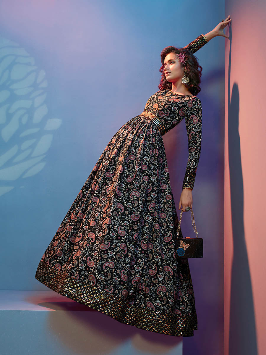 Myra Black Natural Crepe Printed Embroidered Gown - Distacart