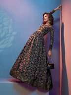 Myra Black Natural Crepe Printed Embroidered Gown - Distacart