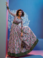 Myra Lavender Natural Crepe Printed Embroidered Gown - Distacart