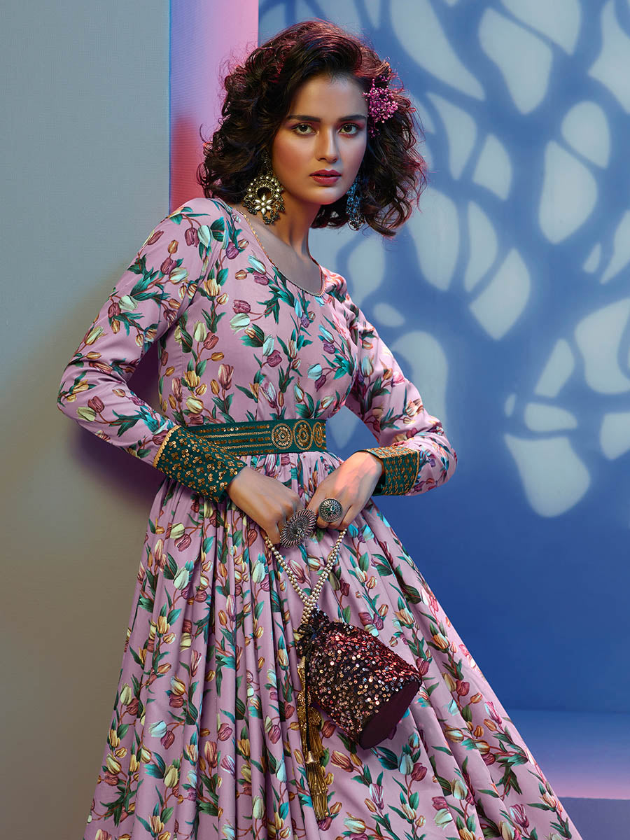 Myra Lavender Natural Crepe Printed Embroidered Gown - Distacart