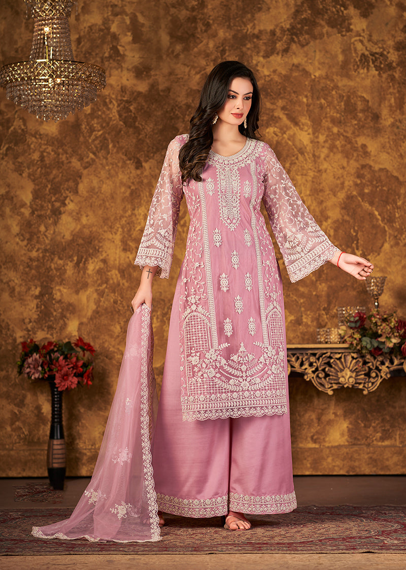 Monjolika Fashion Light Pink Color Net Embroidered Palazzo Suit - Distacart
