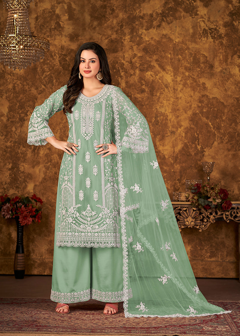 Monjolika Fashion Sea Green Color Net Embroidered Palazzo Suit - Distacart