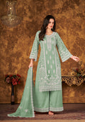 Monjolika Fashion Sea Green Color Net Embroidered Palazzo Suit - Distacart