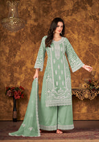 Monjolika Fashion Sea Green Color Net Embroidered Palazzo Suit - Distacart