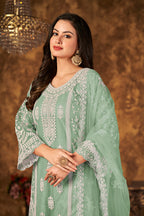 Monjolika Fashion Sea Green Color Net Embroidered Palazzo Suit - Distacart