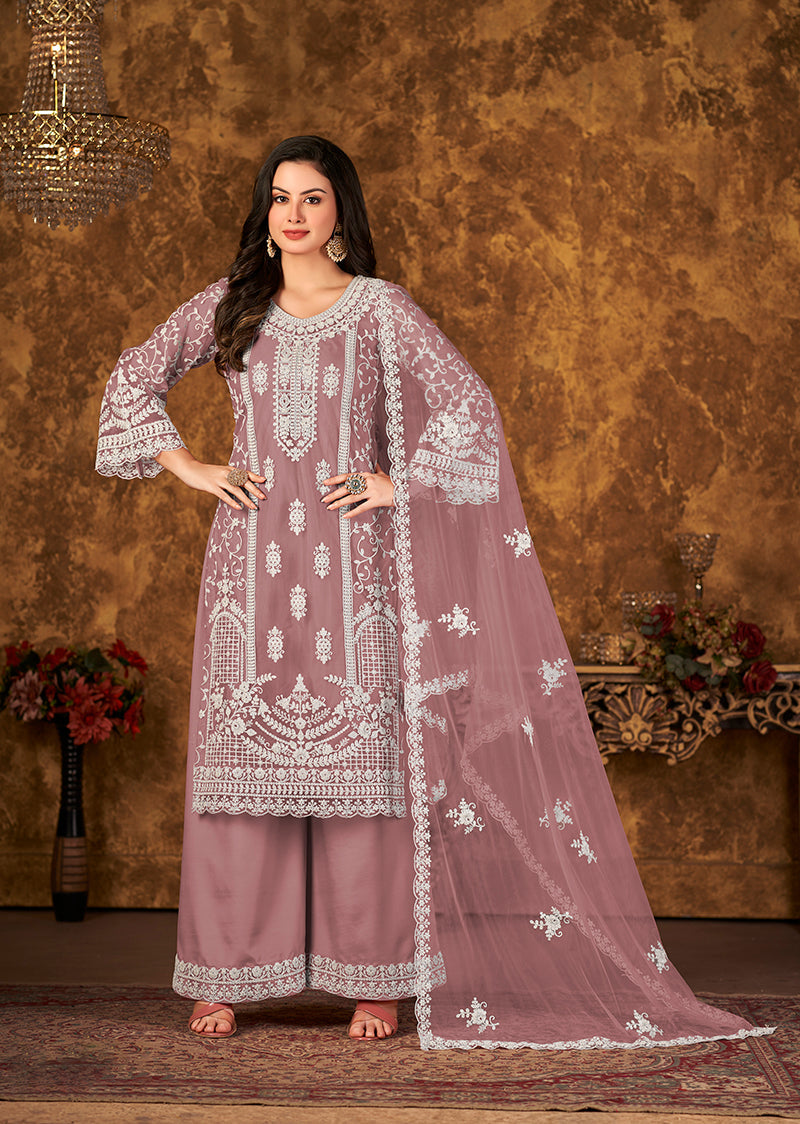 Monjolika Fashion Mauve Color Net Embroidered Palazzo Suit - Distacart