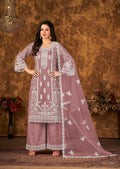Monjolika Fashion Mauve Color Net Embroidered Palazzo Suit - Distacart