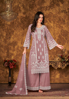 Monjolika Fashion Mauve Color Net Embroidered Palazzo Suit - Distacart