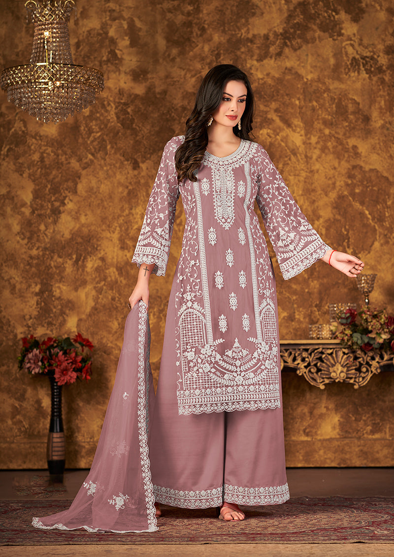 Monjolika Fashion Mauve Color Net Embroidered Palazzo Suit - Distacart