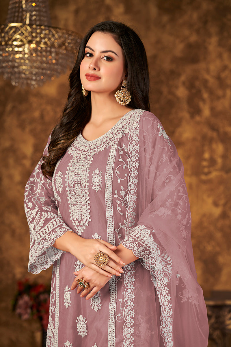 Monjolika Fashion Mauve Color Net Embroidered Palazzo Suit - Distacart