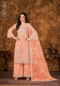 Monjolika Fashion Peach Color Net Embroidered Palazzo Suit - Distacart