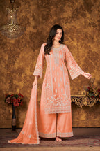 Monjolika Fashion Peach Color Net Embroidered Palazzo Suit - Distacart