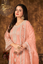 Monjolika Fashion Peach Color Net Embroidered Palazzo Suit - Distacart