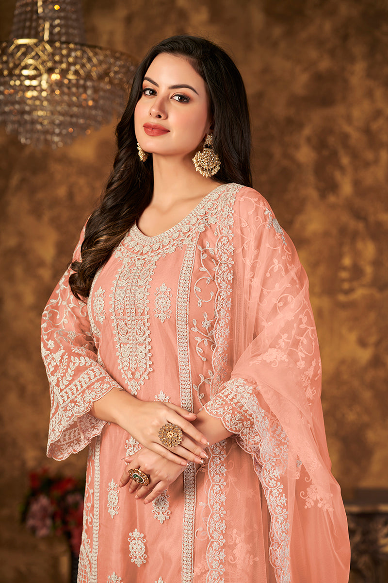 Monjolika Fashion Peach Color Net Embroidered Palazzo Suit - Distacart