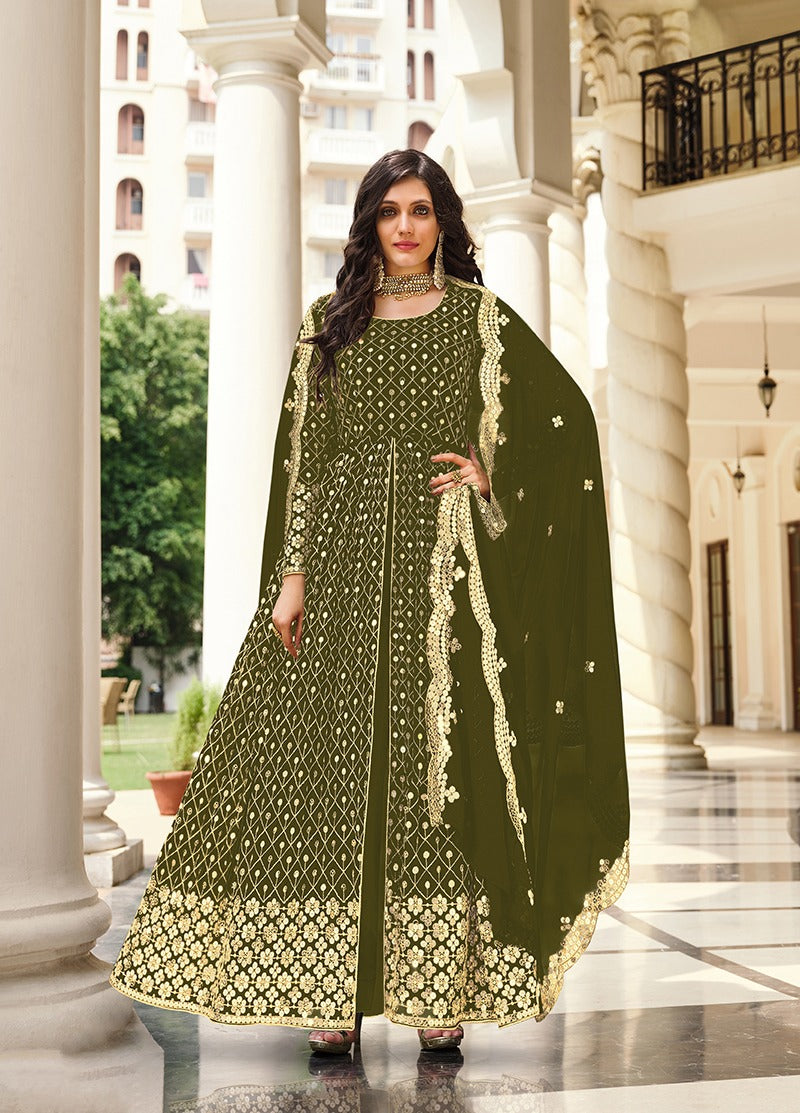 Monjolika Fashion Mehendi Green Color Georgette Embroidered Anarkali Salwar Kameez - Distacart