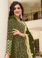 Monjolika Fashion Mehendi Green Color Georgette Embroidered Anarkali Salwar Kameez - Distacart