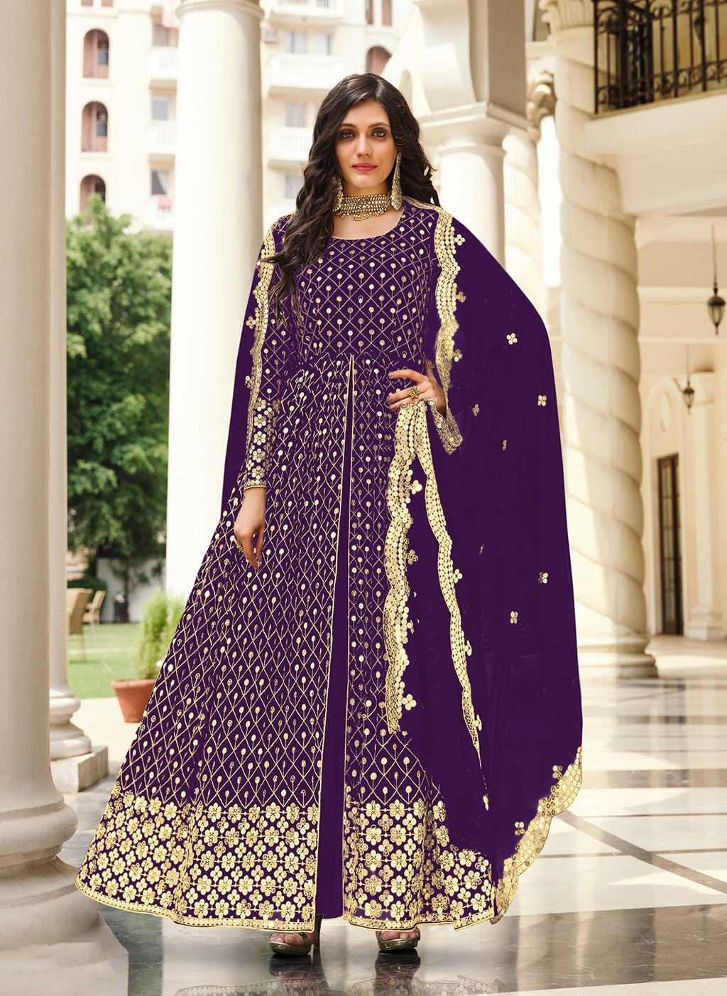 Monjolika Fashion Purple Color Georgette Embroidered Anarkali Salwar Kameez - Distacart