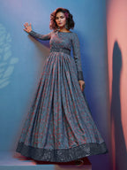 Myra Grey Crepe Printed Embroidered Gown - Distacart
