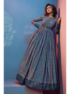 Myra Grey Crepe Printed Embroidered Gown - Distacart