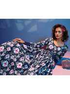 Myra Blue Natural Crepe Printed Embroidered Gown - Distacart