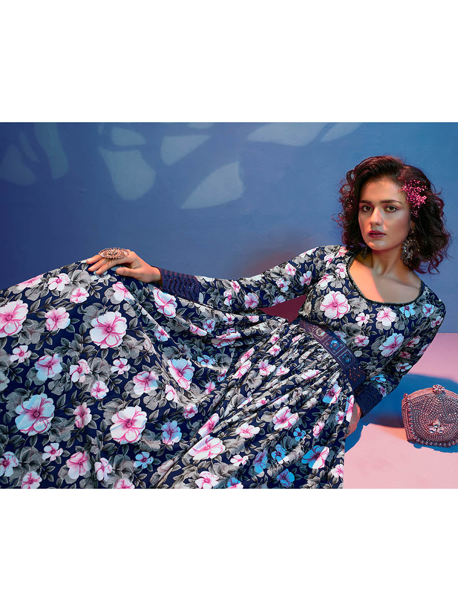Myra Blue Natural Crepe Printed Embroidered Gown - Distacart
